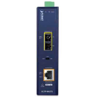 Planet IGTP-802TS konvertor RJ45/SC, 1Gbps, PoE injektor 802.3at, -40 až 75 st.C, IP30, SM s SC, 12-48VDC