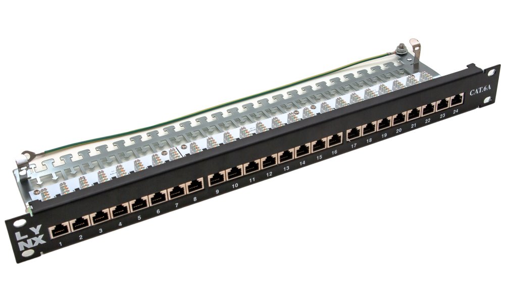 LYNX Patch panel 19", 24 portů, Cat6a, stíněný, černý