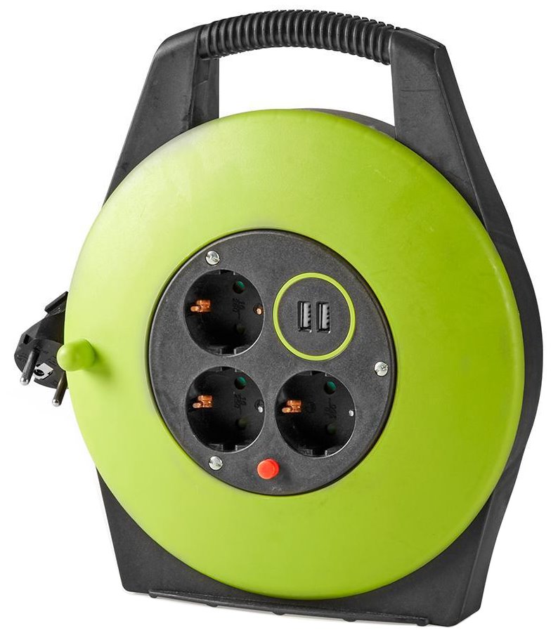 NEDIS kabelový buben/ 3x 1,5 mm2/ 3x zásuvka/ tepelná elektrická pojistka/ Typ F/ USB/ zeleno-černá/ 10 m