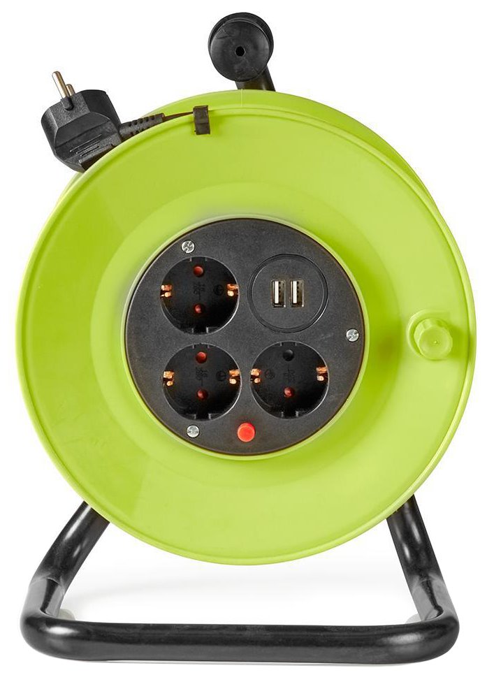 NEDIS kabelový buben/ 3x 1,5 mm2/ 3x zásuvka/ tepelná elektrická pojistka/ Typ F/ USB/ zeleno-černá/ 25 m