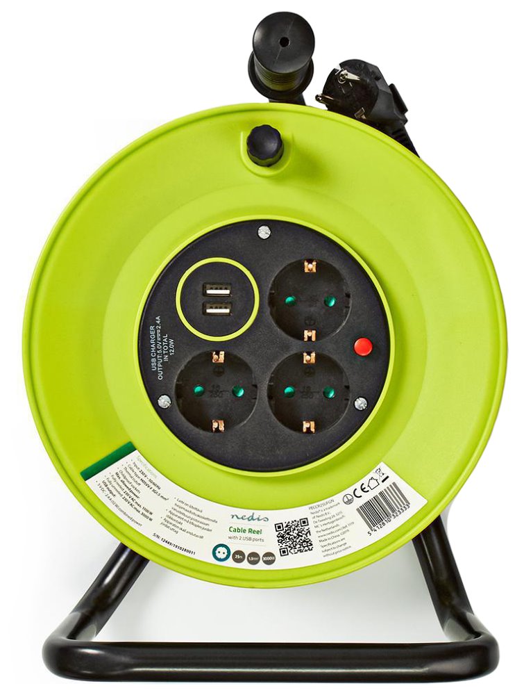 NEDIS kabelový buben/ 3x 1,5 mm2/ 3x zásuvka/ tepelná elektrická pojistka/ Typ F/ USB/ zeleno-černá/ 25 m