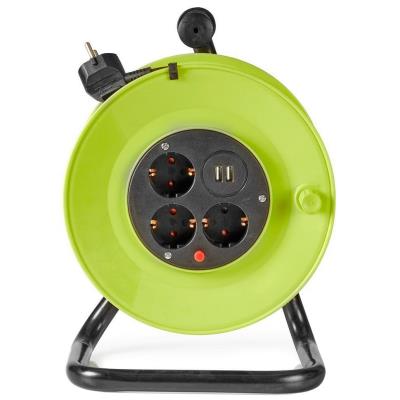 NEDIS kabelový buben/ 3x 1,5 mm2/ 3x zásuvka/ tepelná elektrická pojistka/ Typ F/ USB/ zeleno-černá/ 25 m