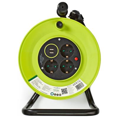 NEDIS kabelový buben/ 3x 1,5 mm2/ 3x zásuvka/ tepelná elektrická pojistka/ Typ F/ USB/ zeleno-černá/ 25 m
