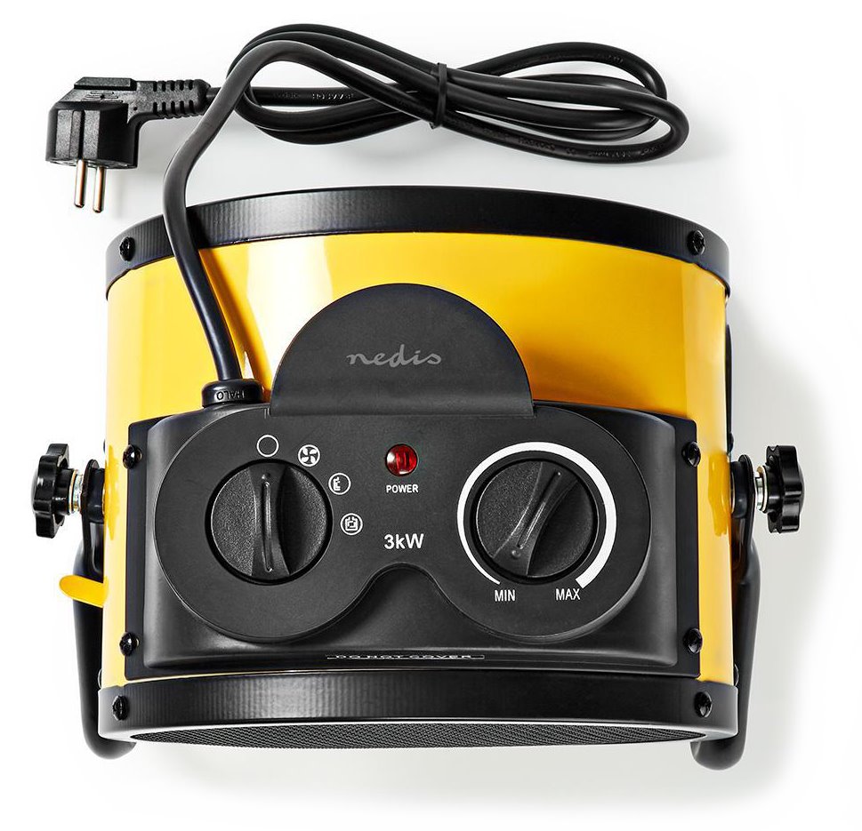 NEDIS průmyslový horkovzdušný ventilátor/ termostat/ spotřeba 3000 W/ 2 nastavení teploty/ IP24/ integ. úchyty/ žlutý