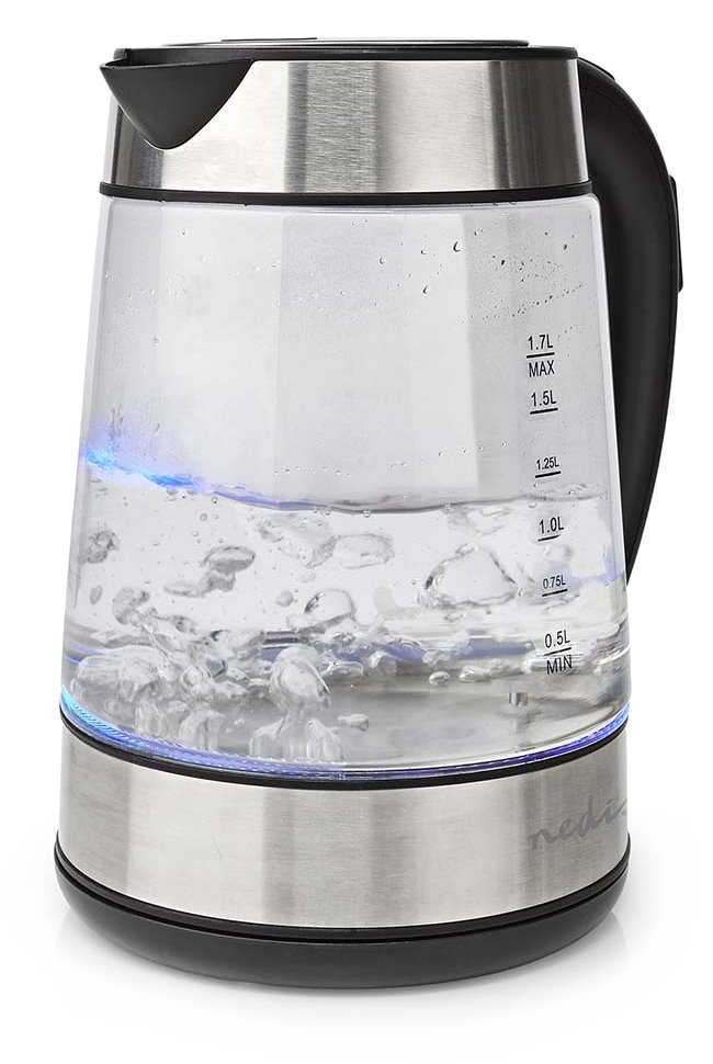 NEDIS rychlovarná konvice KAWK320EGS/ objem 1,7 l/ otáčení o 360°/ spotřeba 2200 W/ sklo/ transparentní