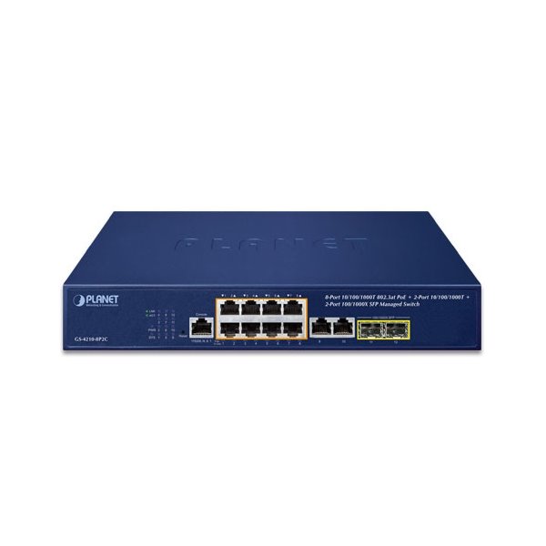 Planet GS-4210-8P2C L2 switch, 10x1Gb, 2x1Gb SFP, 8x PoE 802.3at 120W, QoS