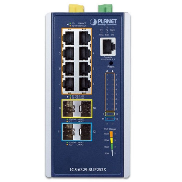 Planet IGS-6329-8UP2S4X průmyslový L3 switch, 8x1Gb, 2x2.5Gb SFP, 2x10Gb SFP+, PoE 802.3bt 360W, 48-54VDC, -40~75°C
