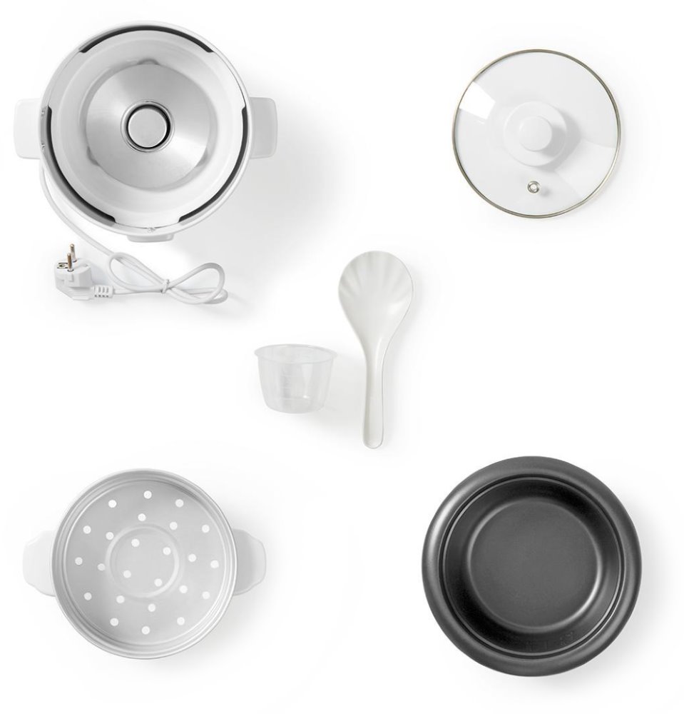 NEDIS rýžovar/ spotřeba 300 W/ objem 0,6 L/ nepřilnavý povrchy/ vyjímatelná miska/ automatické vypnutí/ bílý