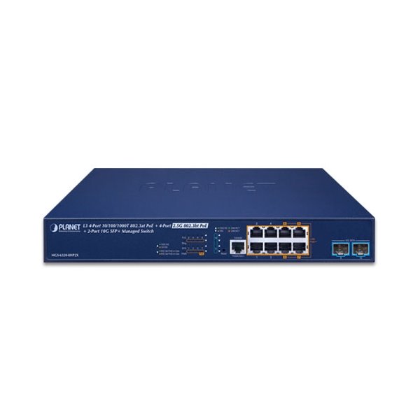 Planet MGS-6320-8HP2X L3 switch, 4x1Gb, 4x2.5Gb, 2x10G SFP+, 4x PoE 802.3at 240W