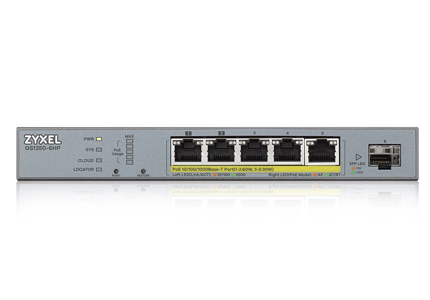 ZyXEL GS1350-6HP, 6 Port managed CCTV PoE switch, long range, 60W, 802.3BT (1 year NCC Pro pack license bundled)