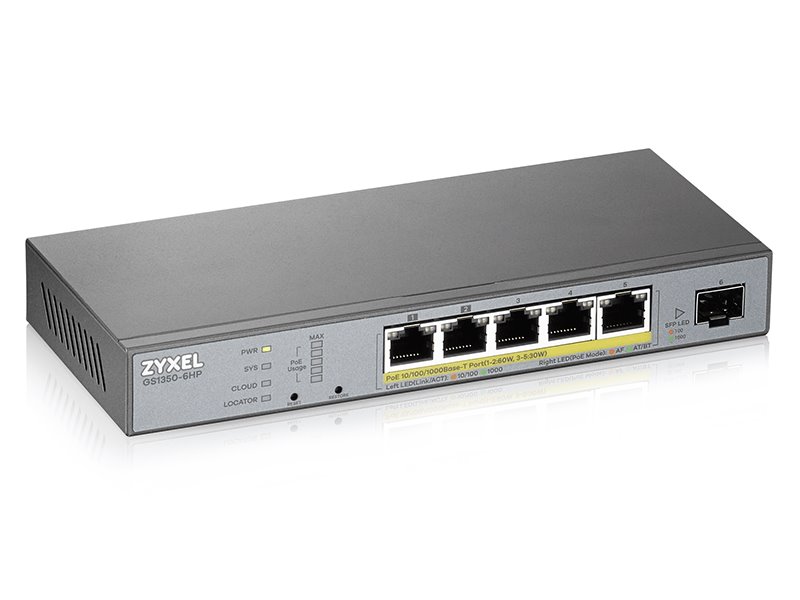 ZyXEL GS1350-6HP, 6 Port managed CCTV PoE switch, long range, 60W, 802.3BT (1 year NCC Pro pack license bundled)