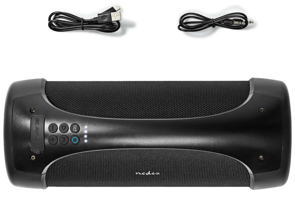 NEDIS párty reproduktor/ 2.0/ výkon 50 W/ Bluetooth/ AUX/ USB/ 3,5 mm jack/ IPX5/ párty osvětlení/ černý