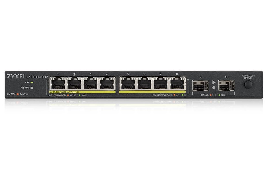 ZyXEL GS1100-10HP v2, unmanaged PoE 8x Gigabit, 2x Fiber Uplink, 130 Watt PoE