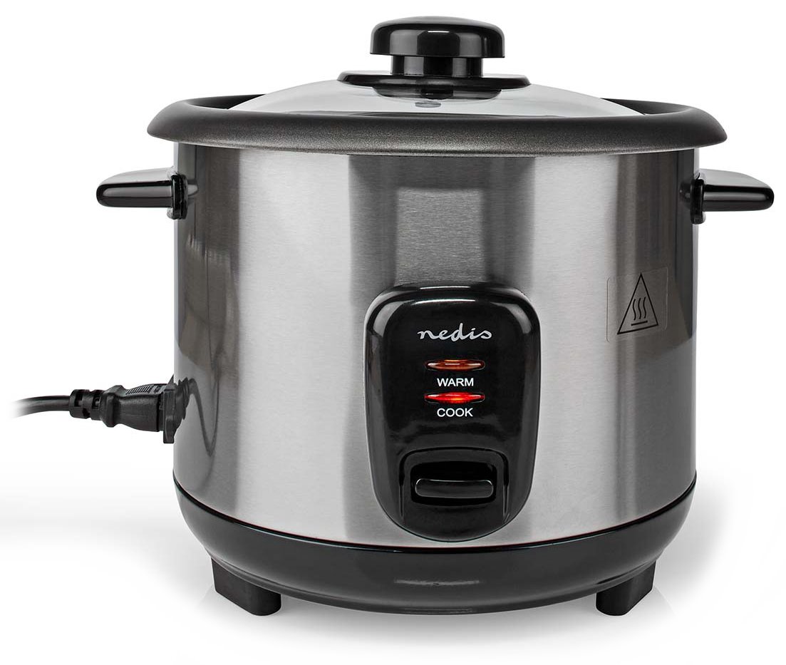 NEDIS rýžovar/ spotřeba 400 W/ objem 1,0 L/ nepřilnavý povrchy/ vyjímatelná miska/ automatické vypnutí/ černo-stříbrný