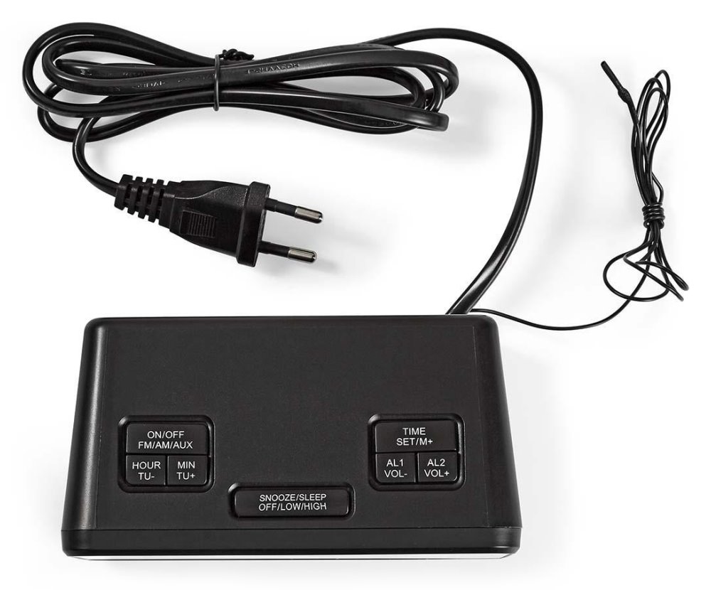 NEDIS digitální budík s rádiem/ LED displej/ 3,5 mm jack/ AM/ FM/ odložené buzení/ časovač vypnutí/ 2 alarmy/ černý
