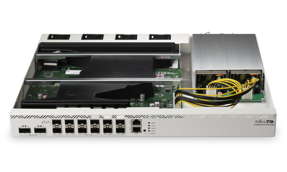 Mikrotik CloudCoreRouter CCR2216-1G-12XS-2XQ, 16x 2000MHz CPU, 16 GB RAM, 1x GbE, 12x SFP28, 2x QSFP28,  2x PSU, L6
