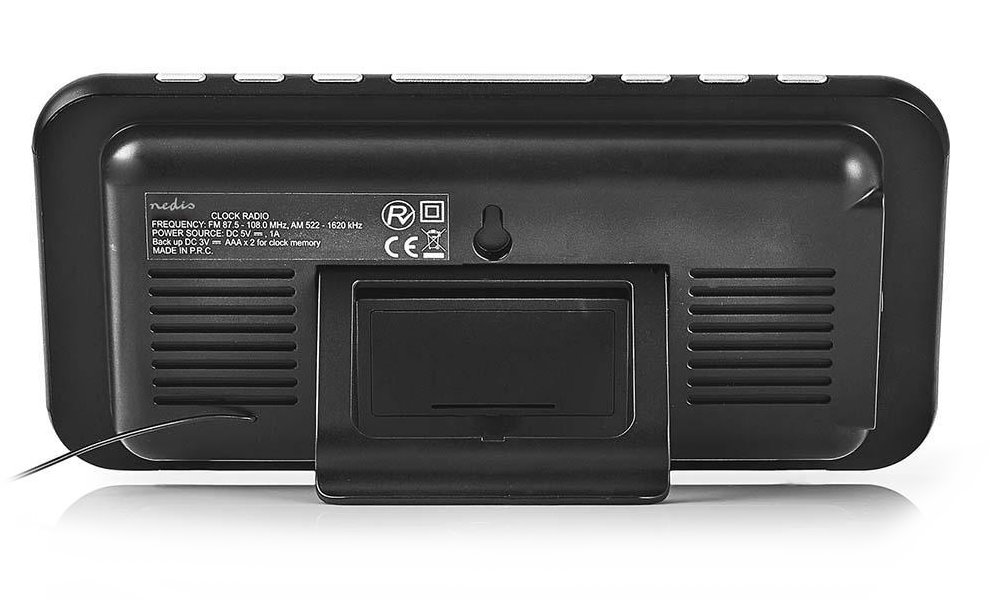 NEDIS digitální budík s rádiem/ LED displej/ 3,5 mm jack/ AM/ FM/ odložené buzení/ časovač vypnutí/ 2 alarmy/ černý
