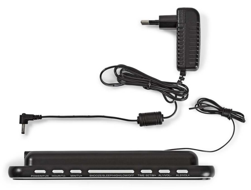 NEDIS digitální budík s rádiem/ LED displej/ 3,5 mm jack/ AM/ FM/ odložené buzení/ časovač vypnutí/ 2 alarmy/ černý