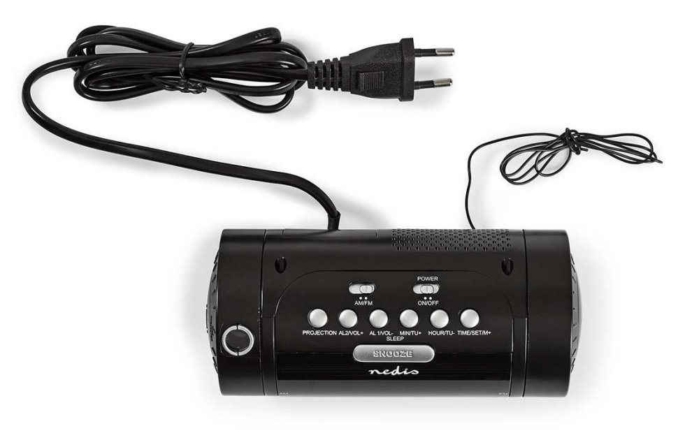 NEDIS digitální budík s rádiem/ LED displej/ promítání času/ AM/ FM/ odložené buzení/ časovač vypnutí/ 2 alarmy/ černý