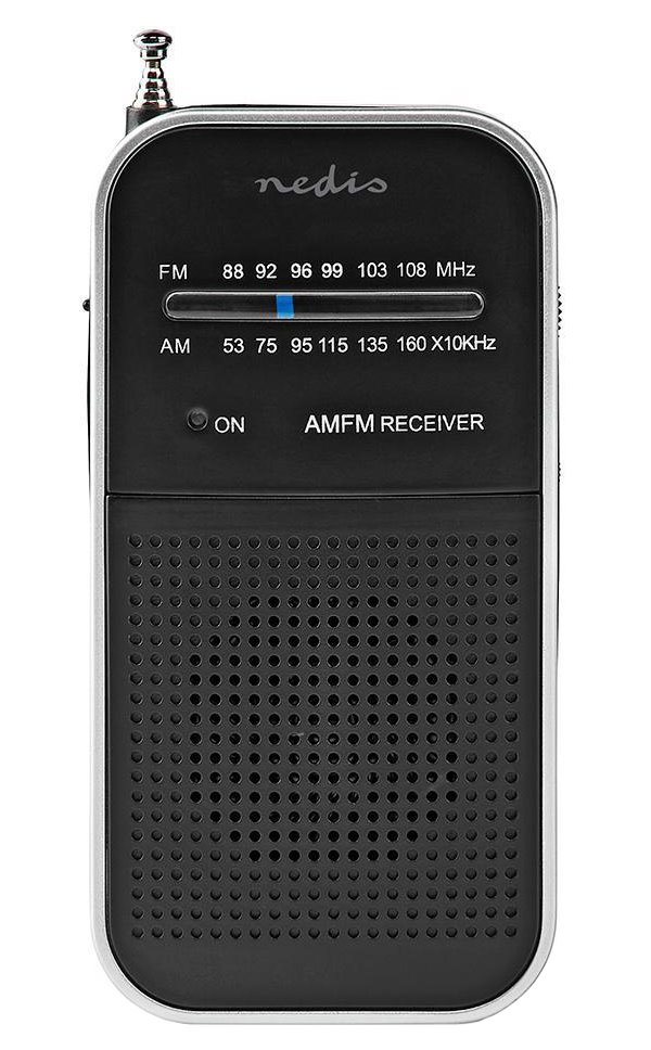 NEDIS přenosné rádio/ AM/ FM/ napájení z baterie/ analogové/ 1.5 W/ výstup pro sluchátka/ hliník/ černé