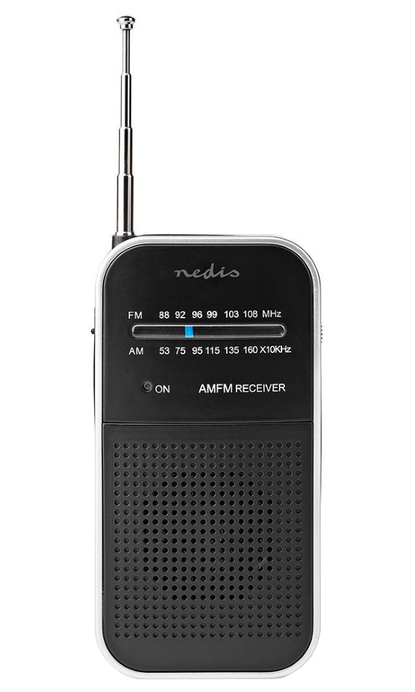 NEDIS přenosné rádio/ AM/ FM/ napájení z baterie/ analogové/ 1.5 W/ výstup pro sluchátka/ hliník/ černé