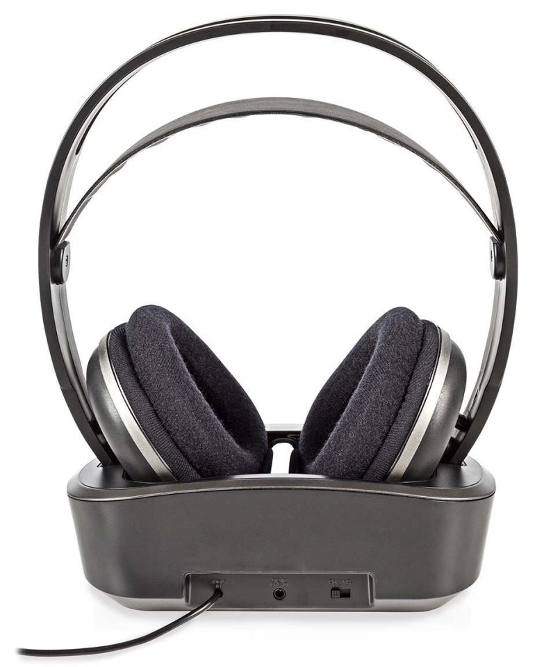 NEDIS bezdrátová TV sluchátka/ RF/ na uši/ výdrž 11 hodin/ rozsah 100 m/ digitální zvuk/ vyvážení zvuku/ černo-stříbrné