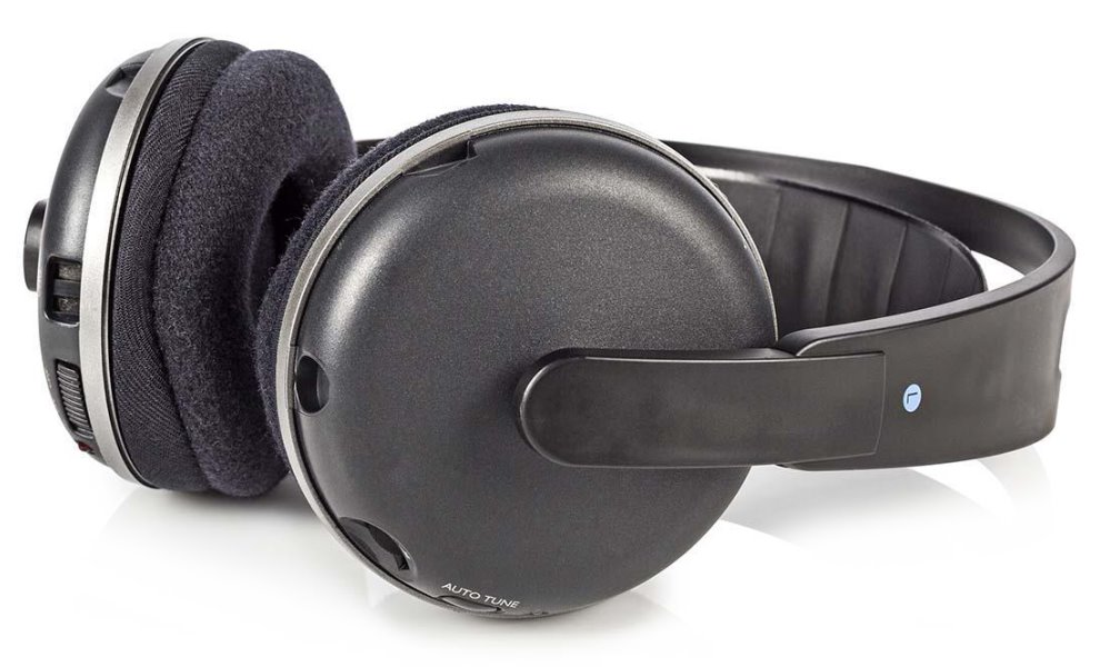 NEDIS bezdrátová TV sluchátka/ RF/ na uši/ výdrž 11 hodin/ rozsah 100 m/ digitální zvuk/ vyvážení zvuku/ černo-stříbrné