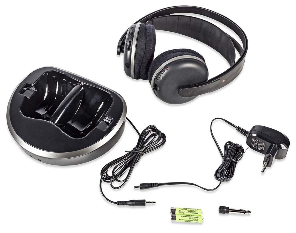 NEDIS bezdrátová TV sluchátka/ RF/ na uši/ výdrž 11 hodin/ rozsah 100 m/ digitální zvuk/ vyvážení zvuku/ černo-stříbrné