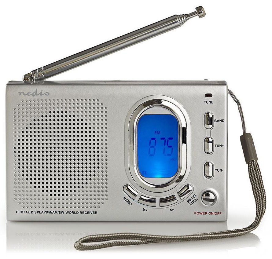 NEDIS přenosné rádio/ AM/ FM/ SW/ napájení z baterie/ síťové napájení/ digitální/ 1.5 W/ budík/ časovač vypnutí/ šedé