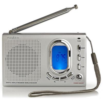 NEDIS přenosné rádio/ AM/ FM/ SW/ napájení z baterie/ síťové napájení/ digitální/ 1.5 W/ budík/ časovač vypnutí/ šedé