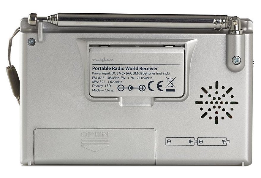 NEDIS přenosné rádio/ AM/ FM/ SW/ napájení z baterie/ síťové napájení/ digitální/ 1.5 W/ budík/ časovač vypnutí/ šedé