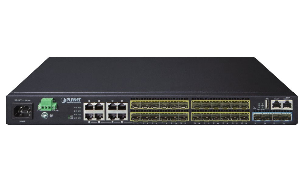 Planet XGS3-24242(v3) L3 switch, 8x1Gb, 24x1Gb SFP, 4x10Gb SFP+, HW/IP stack, 2xPower-in