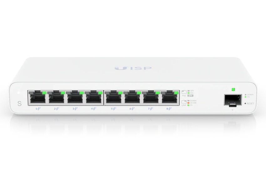 Ubiquiti UISP Switch - 8x GbE, 1x SFP, fanless, 8x PoE Out 27V (PoE budget 110 W)