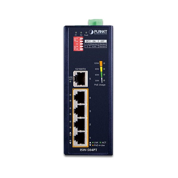 Planet ISW-504PT Průmyslový Switch 5x RJ-45, VLAN + Extend, -40~+75°C, PoE+ 802.3af/at 120W, 12-48VDC power-in