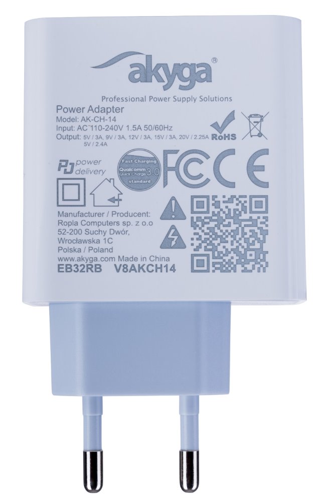 TRX Akyga AK-CH-14 USB nabíječka 220V/ 5-20V/ 45W/ USB-C + USB-A/ PD 3.0/ QC 3.0/ AFC/ FCP/ Apple 2.4A/ PPS/ bílá