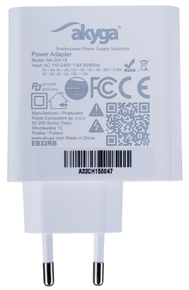 TRX Akyga AK-CH-15 USB nabíječka 220V/ 5-20V/ 65W/ USB-C + USB-A/ PD 3.0/ QC 3.0/ AFC/ FCP/ Apple 2.4A/ PPS/ bílá