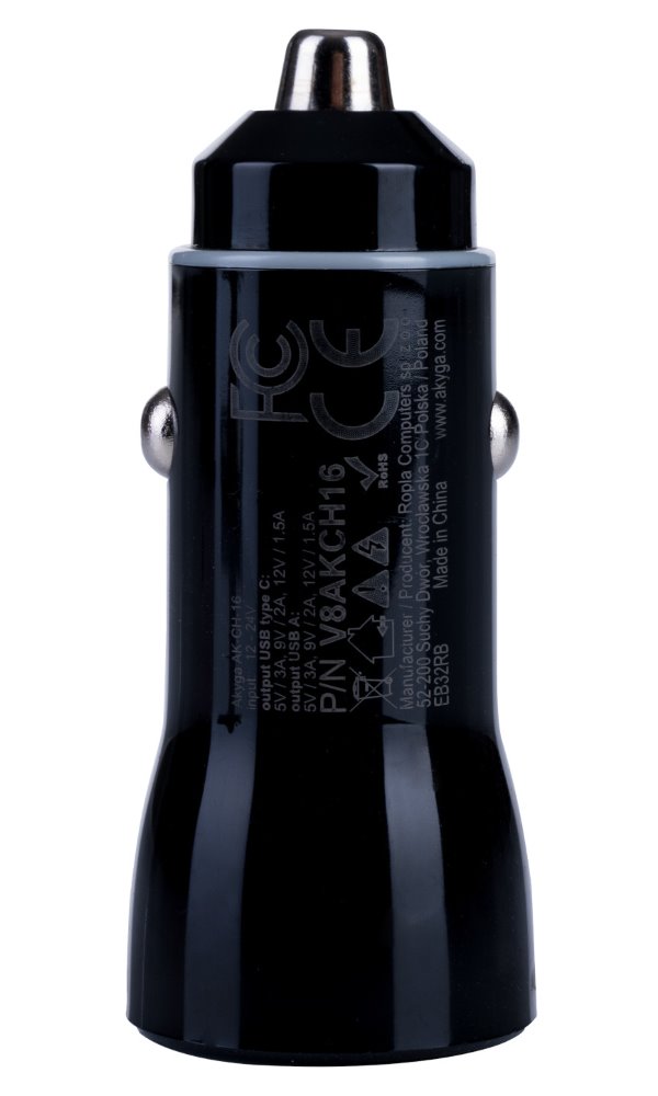 TRX Akyga AK-CH-16 USB nabíječka do auta/ 5-12V/ 36W/ USB-C + USB-A/ PD 3.0/ QC 3.0/ AFC/ FCP/ Apple 2.4A/ PPS/ černá