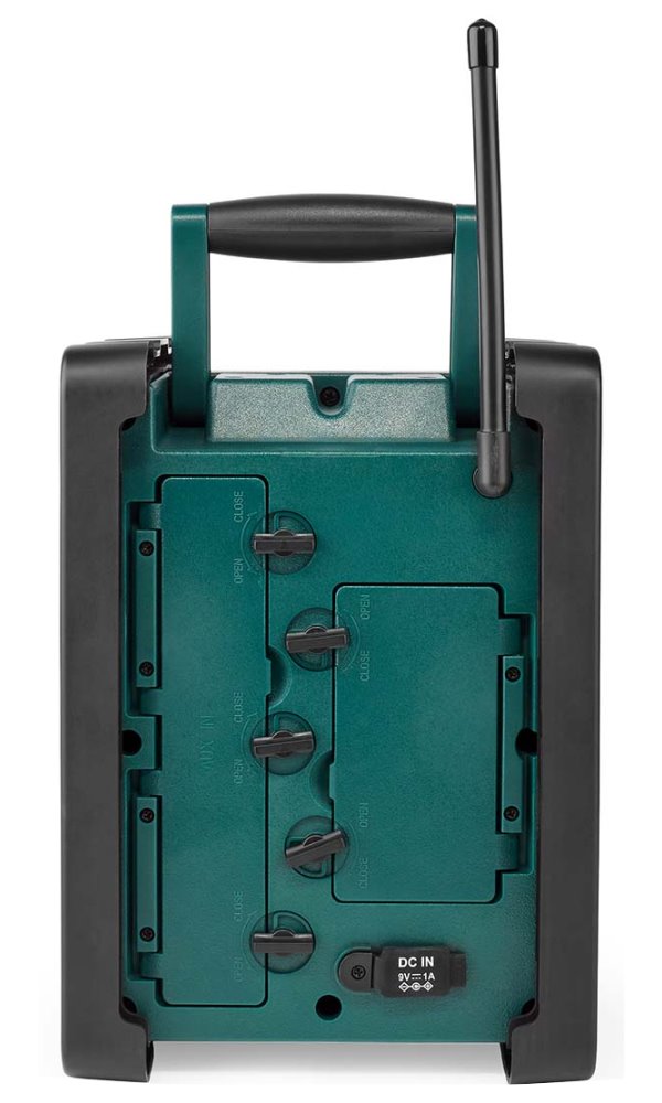 NEDIS digitální pracovní rádio/ stolní/ výkon 15W/ DAB+/ FM/ Bluetooth/ IP65/ napájení z baterie/síťové/ černo-zelené