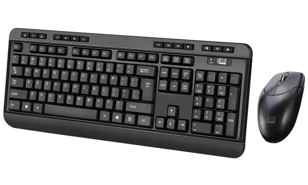 Adesso WKB-1320CB/ bezdrátový set 2,4GHz/ multimedia/ antimikrobiální/ optická myš 1200DPI/ USB/ černá/ US layout
