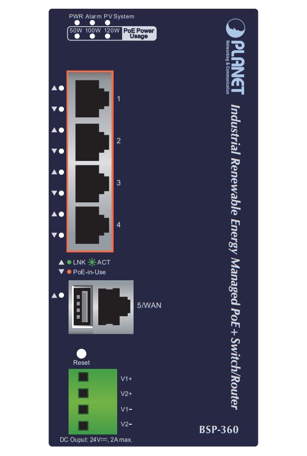 Planet BSP-360 v3 průmyslový solární switch/router, 5x1Gb, 4x PoE+ 802.3at 120W, baterie, 24-45VDC, -10~60°C, IP30