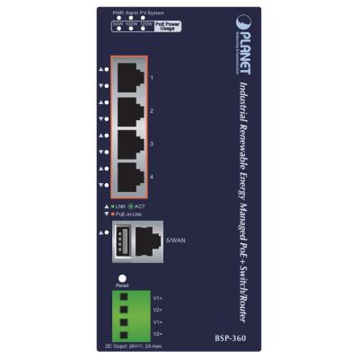 Planet BSP-360 v3 průmyslový solární switch/router, 5x1Gb, 4x PoE+ 802.3at 120W, baterie, 24-45VDC, -10~60°C, IP30