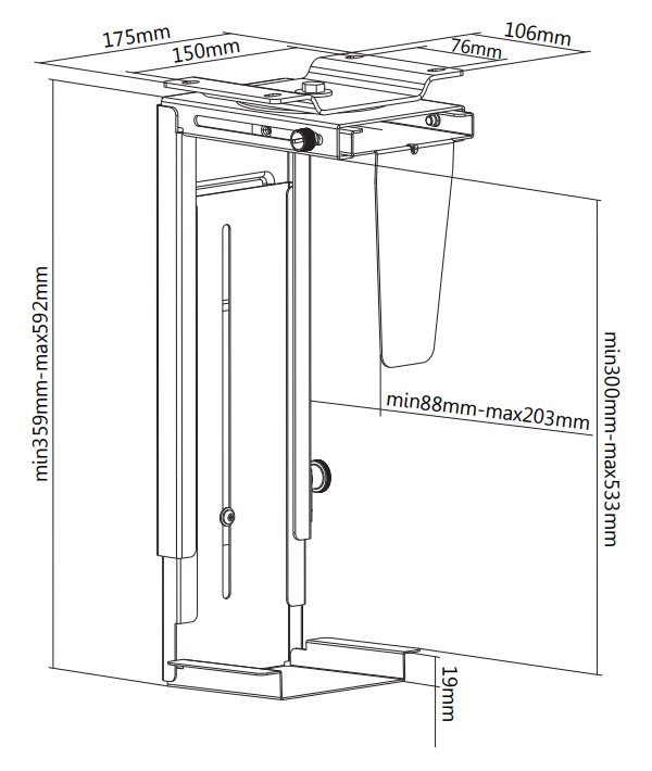 Neomounts Select NM-CPU100BLACK/Držák na PC/pod stůl/na stěnu/výška PC: 30-53 cm/šírka PC: 9-20 cm /otáčení 360°/černý