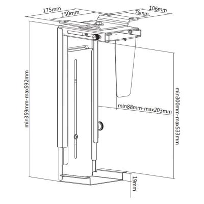 Neomounts Select NM-CPU100BLACK/Držák na PC/pod stůl/na stěnu/výška PC: 30-53 cm/šírka PC: 9-20 cm /otáčení 360°/černý