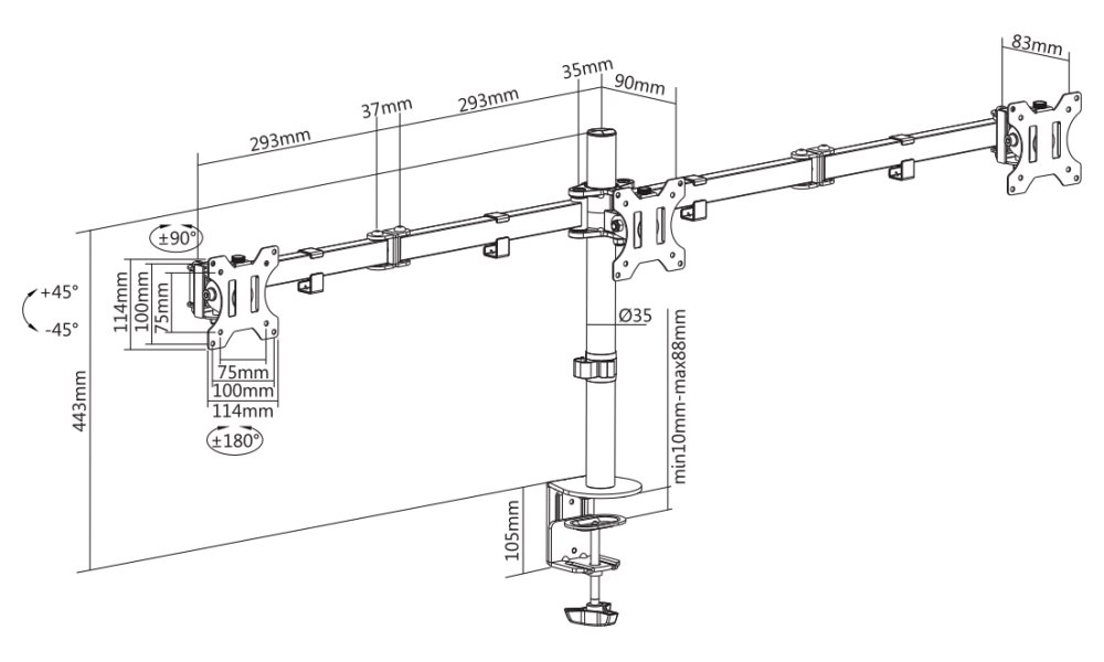Neomounts FPMA-D550D3BLACK/Držák displeje/na stůl/10-27"/svorka/VESA 100X100/nosn. 3x6kg/3 displeje/černý