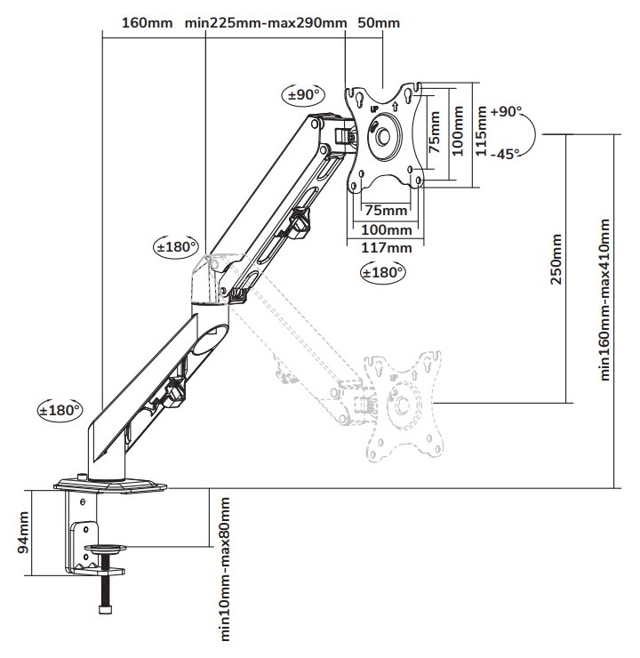 Neomounts DS70-700BL1/Držák displeje/na stůl/17-27"/svorka/VESA 100X100/nosn. 7kg/plynový píst/1 displej/černý