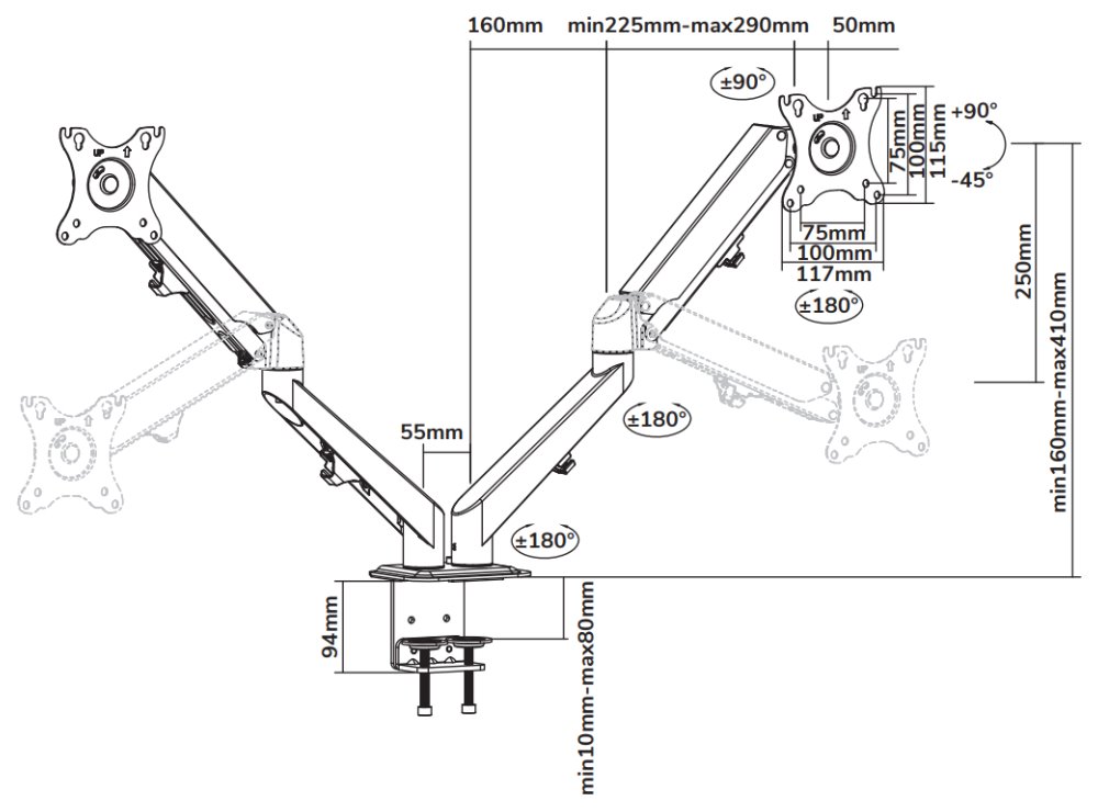 Neomounts DS70-700BL2/Držák displeje/na stůl/17-27"/svorka/VESA 100X100/nosn. 2x7kg/plynový píst/2 displeje/černý