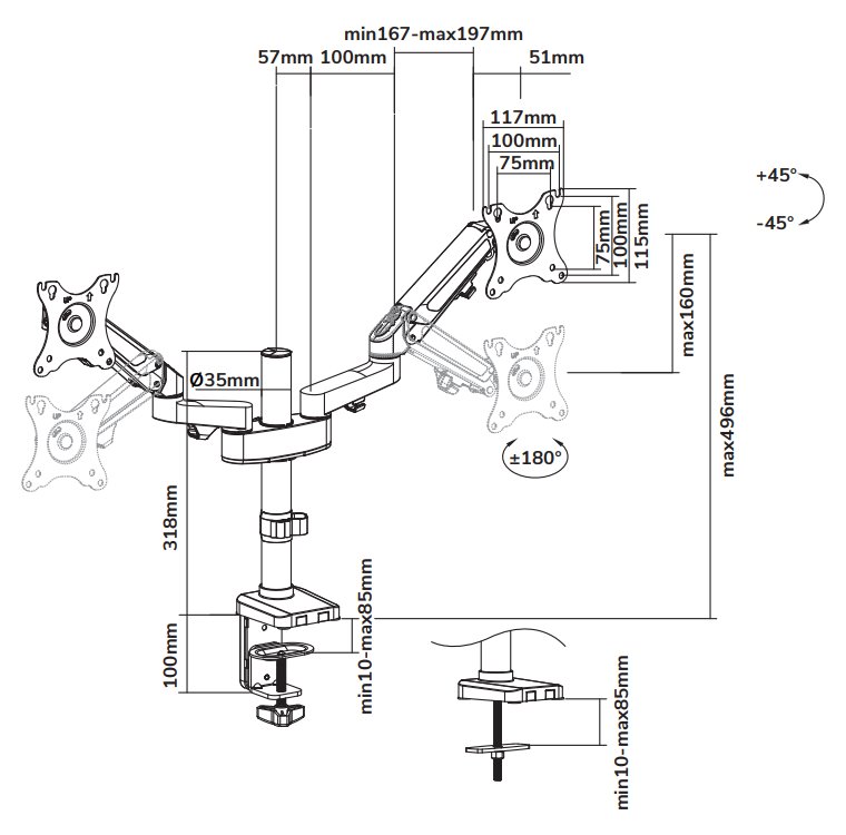 Neomounts DS70-750BL2/Držák displeje/tyč na stůl/17-27"/svorka/VESA 100X100/nosn. 2x7kg/plynový píst/2 displeje/černý