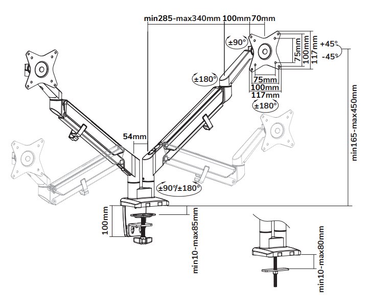 Neomounts DS70-810BL2/Držák displeje/na stůl/17-32"/svorka/VESA 100X100/nosn. 2x9kg/plyn. píst/ultra tenký/2 disp./černý