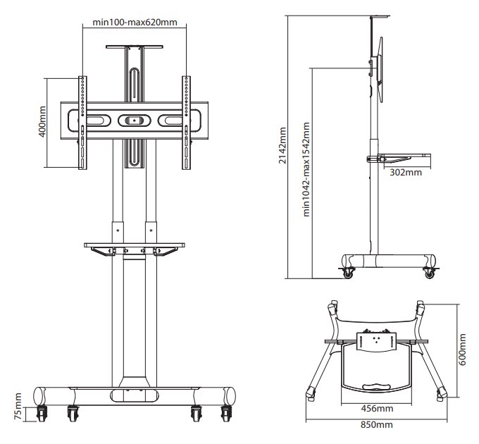 Neomounts Select NM-M1700BLACK/Držák displeje/vozík/32-75"/4 kolečka/VESA 600X400/nosn. 50kg/nast.výšky/2 police/černý