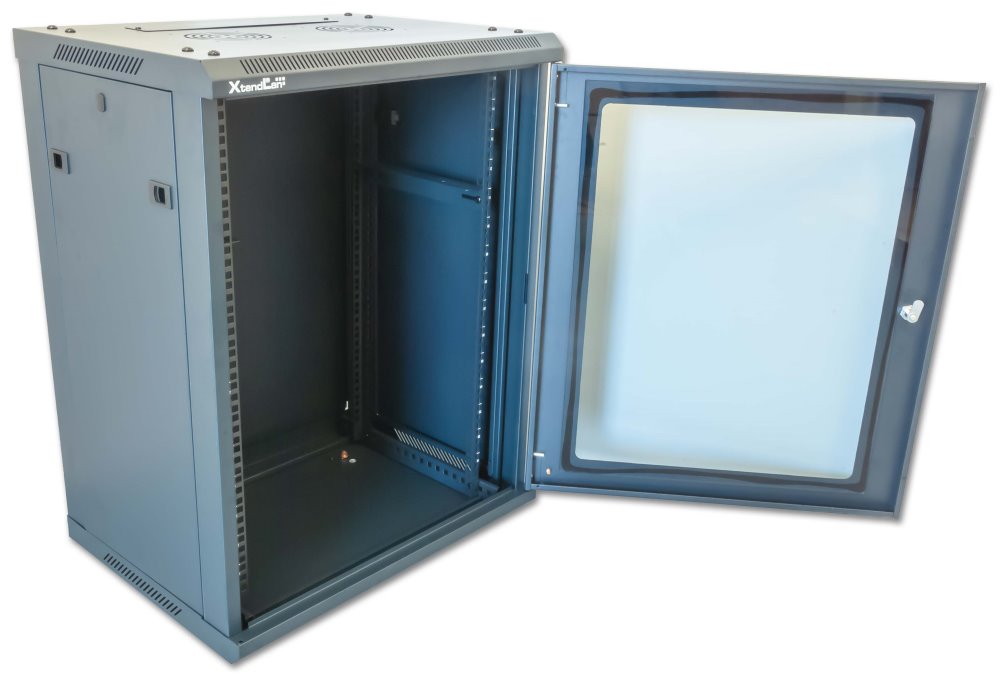 XtendLan 15U/600x450, na zeď, jednodílný, rozložený, skleněné dveře, černé